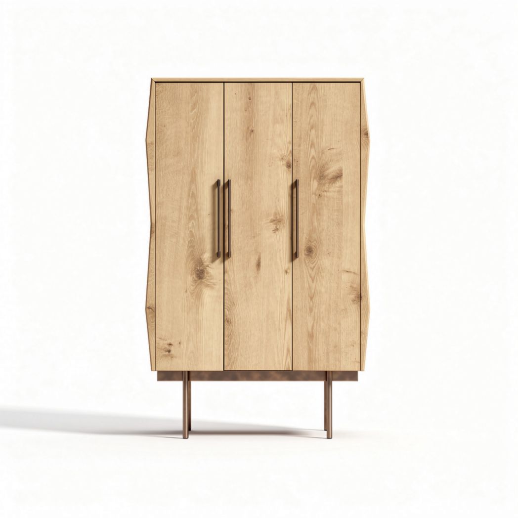 Natural wood cabinet with four doors and metal legs 80 x 40 x 120cm