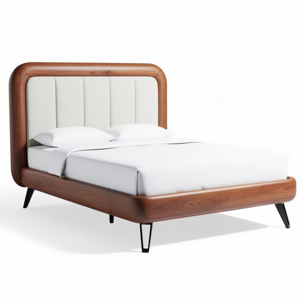 Modern upholstered bed frame in walnut finish with cream headboard 200 x 160 x 100cm