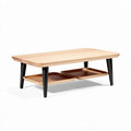 Natural wood coffee table with black legs and two storage trays 120 x 60 x 45cm