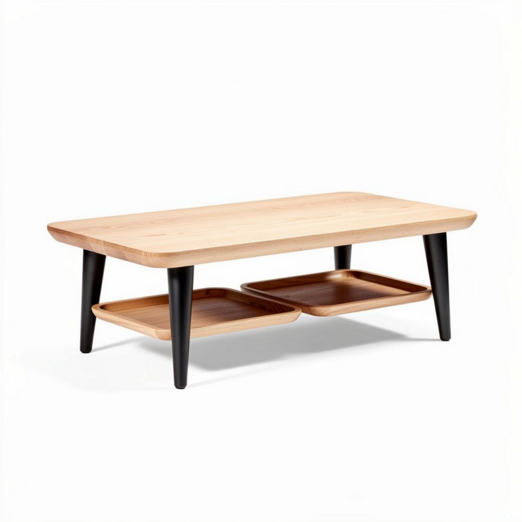 Natural wood coffee table with black legs and two storage trays 120 x 60 x 45cm
