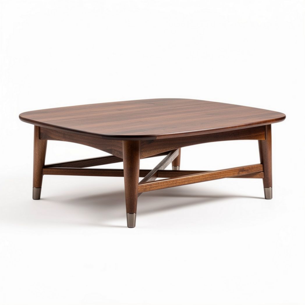 Mid-century modern coffee table in walnut finish with metal accents 90 x 90 x 40cm