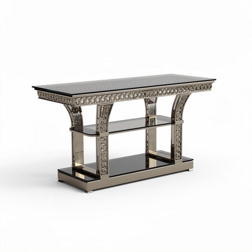 Mirrored console table with glass top and decorative metal accents 150 x 40 x 75cm