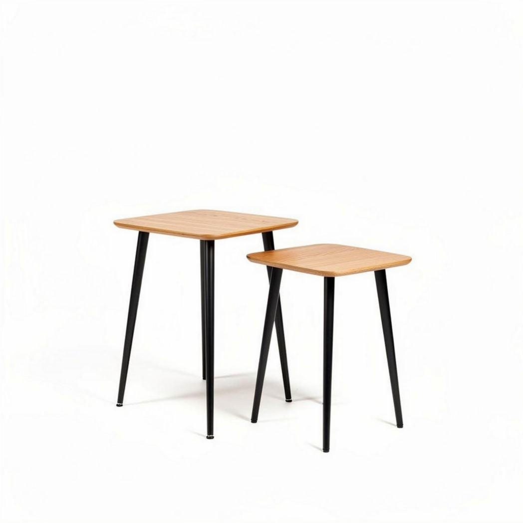 Set of two minimalist nesting tables with wooden top and metal legs 40 x 40 x 45cm