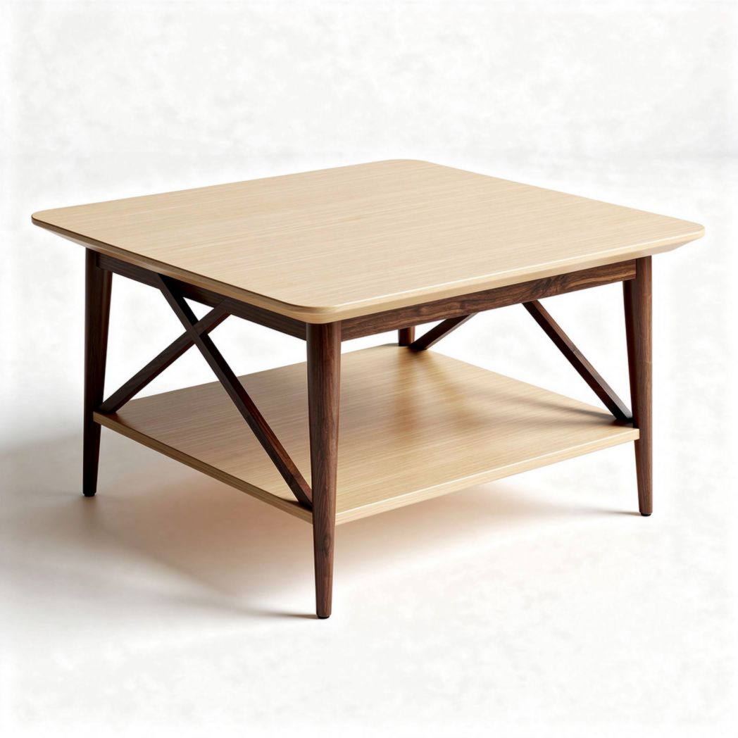 Square wooden coffee table with lower shelf and natural finish 60 x 60 x 45cm