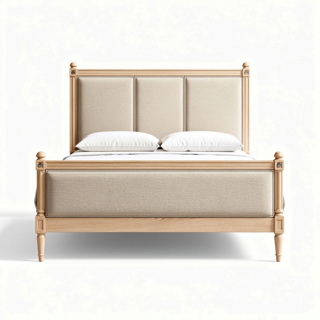 Upholstered bed frame with wooden accents in light beige 200 x 160 x 110cm