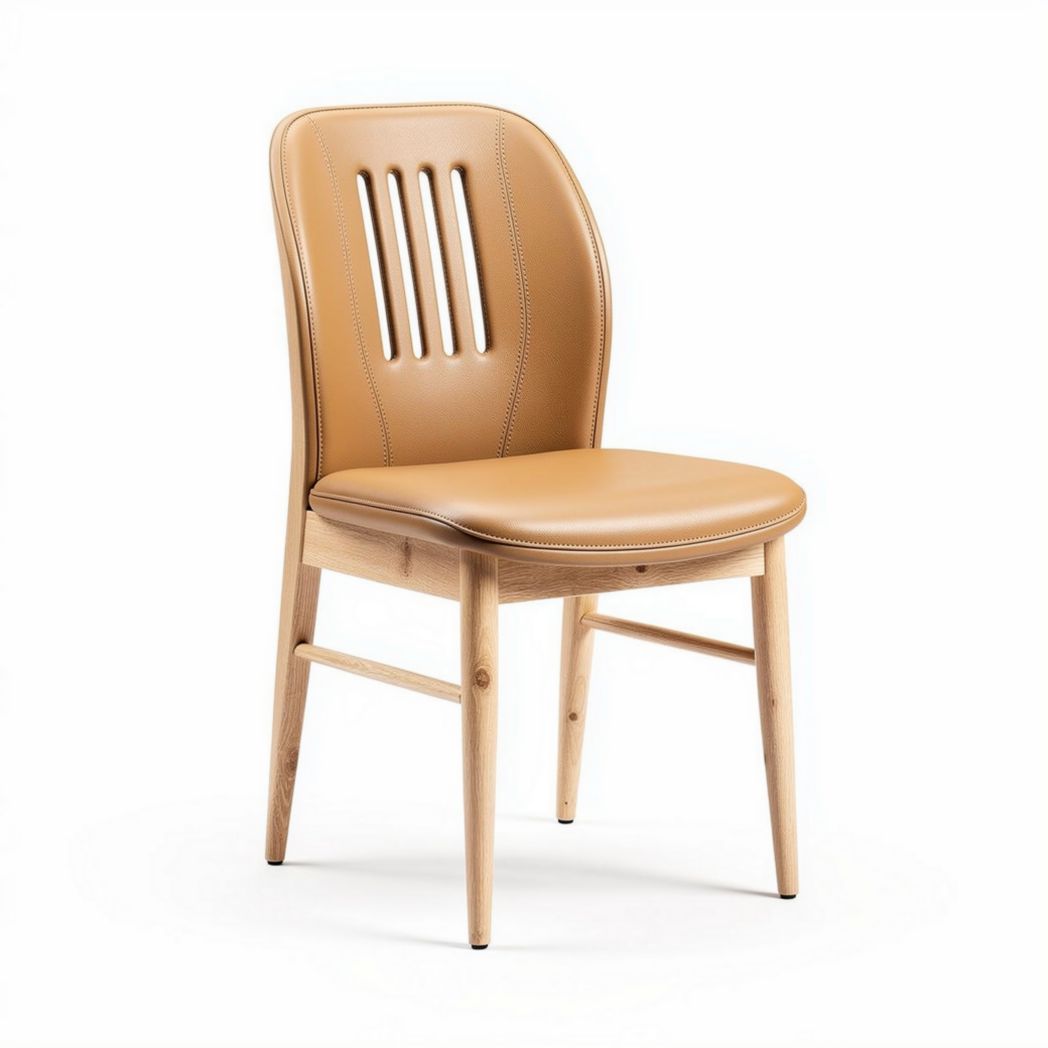 Wooden dining chair with tan leather seat and backrest 45 x 50 x 85cm