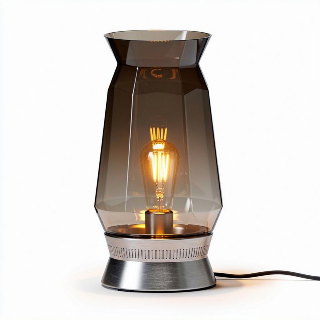 Smoky glass table lamp with metal base and vintage Edison bulb 20 x 20 x 30cm