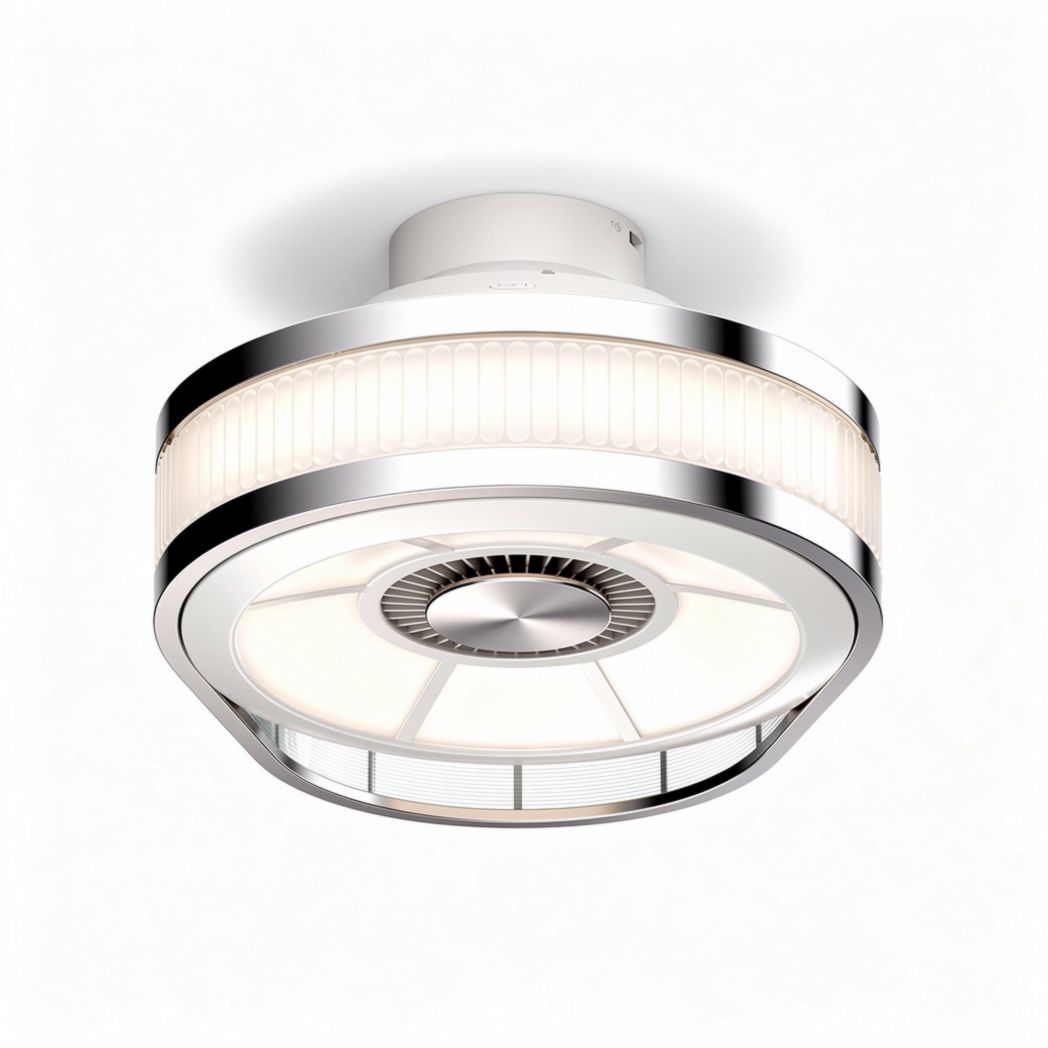 Modern ceiling fan with integrated LED light fixture in silver and white 30 x 30 x 15cm