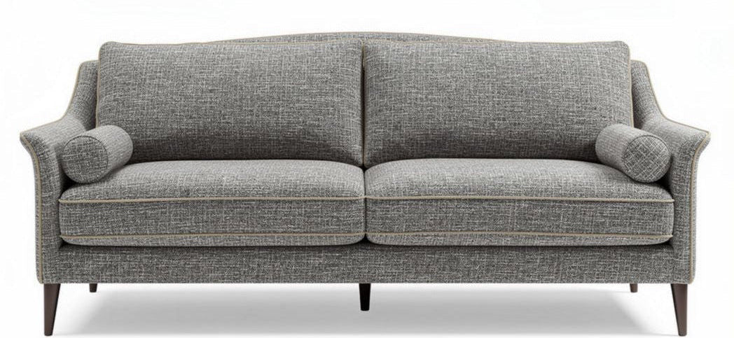Gray fabric sofa with rolled armrests and wooden legs 180 x 85 x 75cm