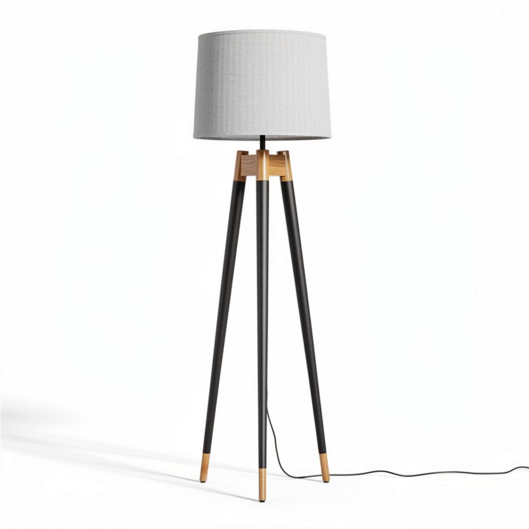 Tripod floor lamp with gray fabric shade and bamboo accents 30 x 30 x 140cm