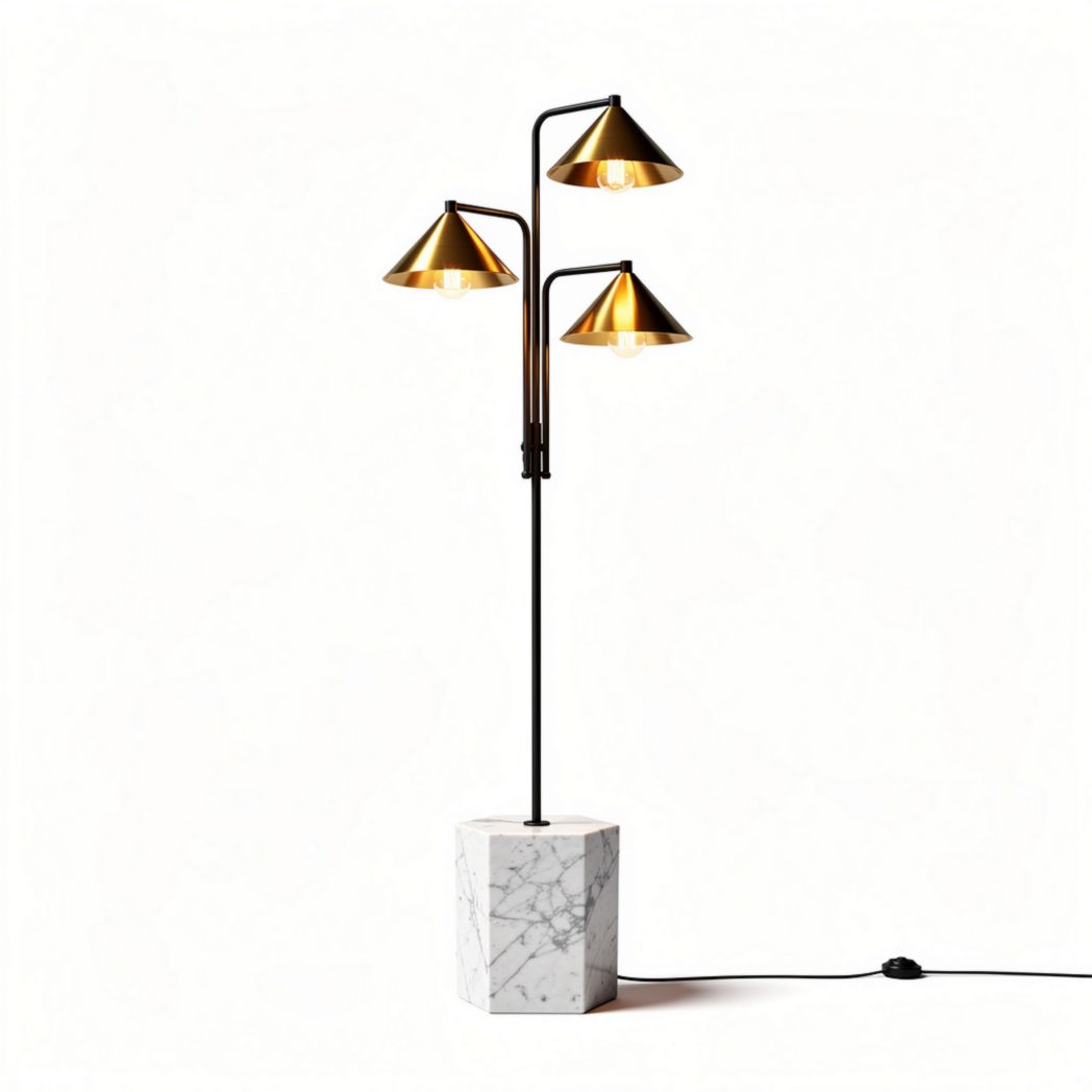 Three-arm floor lamp with gold shade and marble base 30 x 30 x 150cm