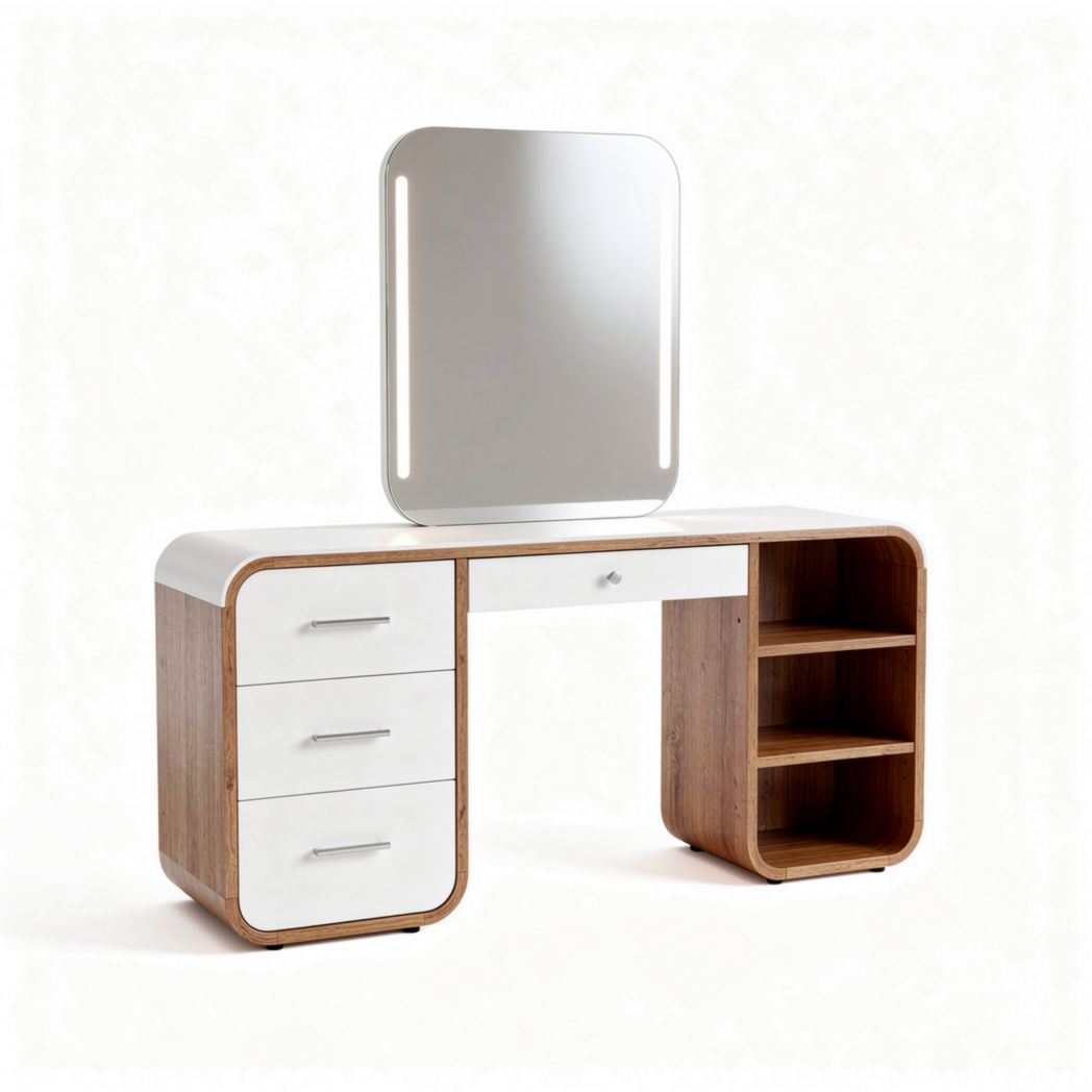 Wooden dressing table with mirror three drawers and open storage space